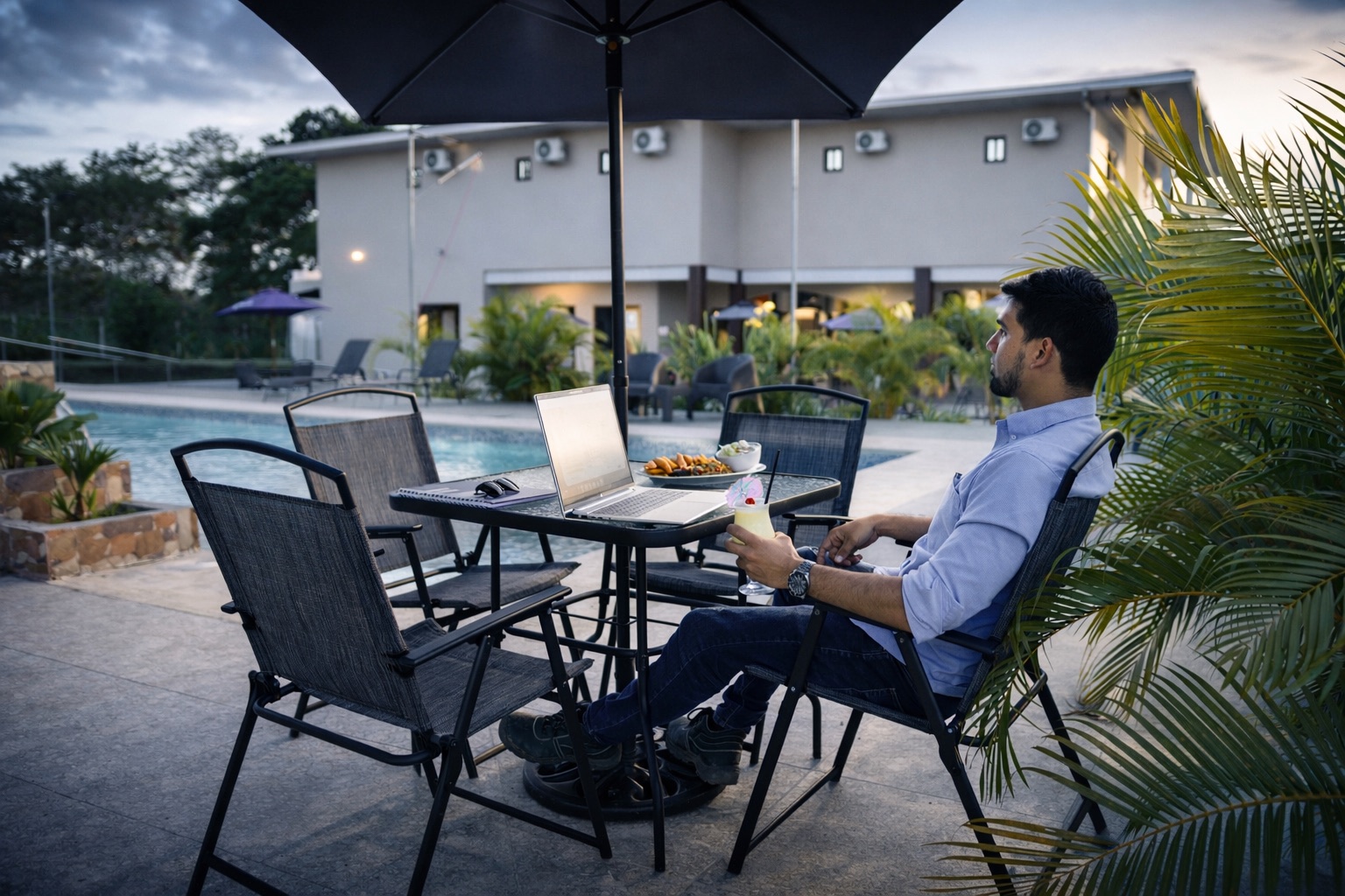 Huésped disfrutando en la terraza del Hotel Mely al atardecer junto a la piscina